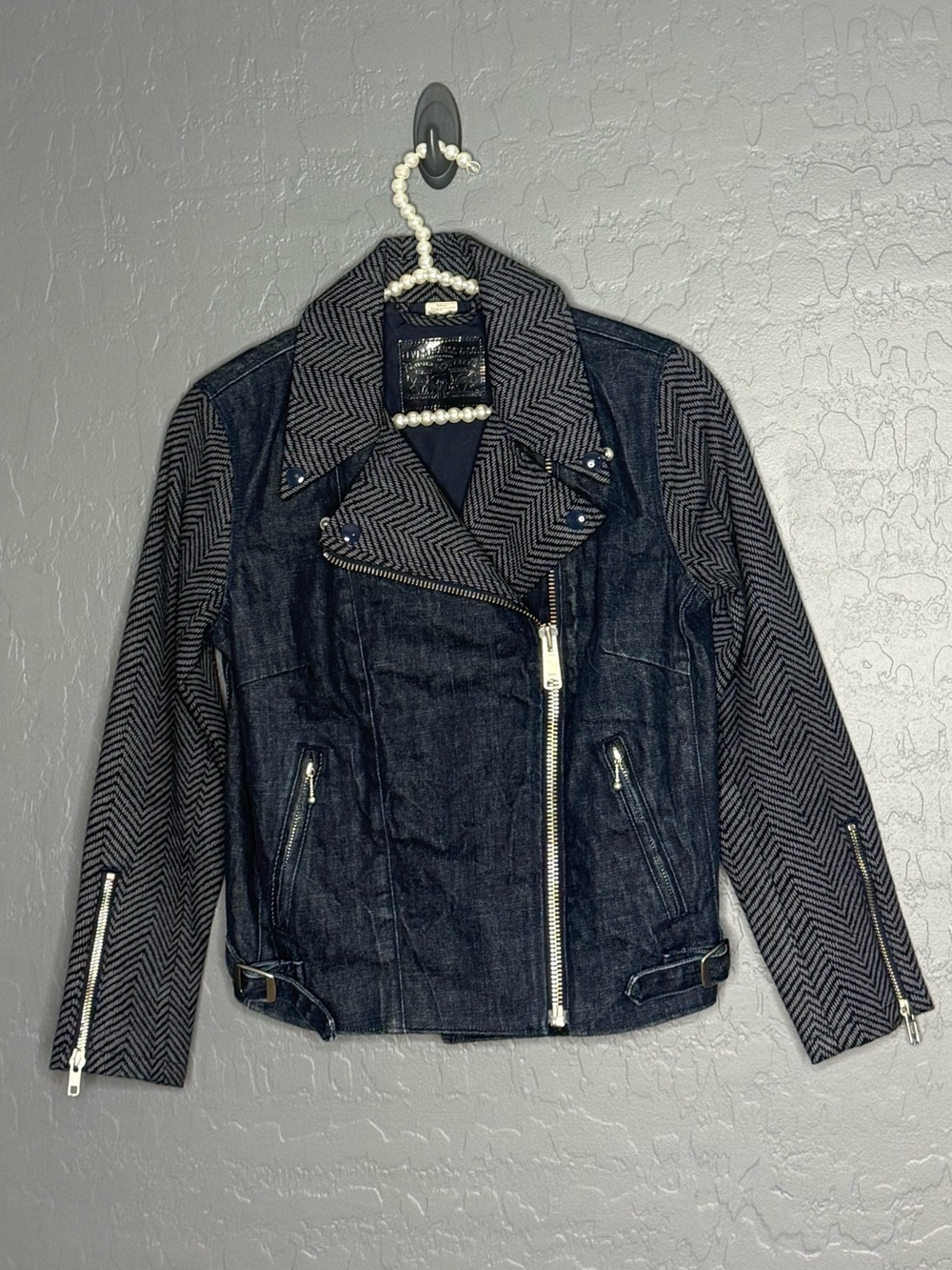 Levi’s Women’s Dark Denim and Gray Herringbone Moto Jacket